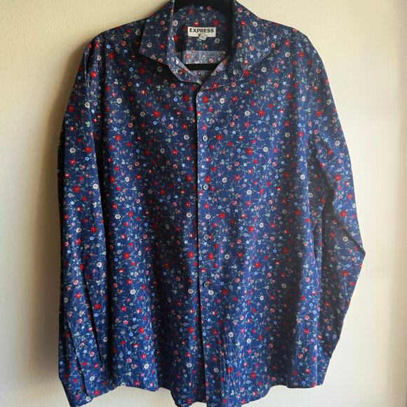 Express Fitted Men's Button-Up Shirt L 16-16½ Navy Blue Red Floral Long Sleeve - Picture 1 of 9